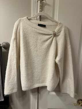 Zara Cream Off-the-Shoulder Sweater with Decorative Brooch